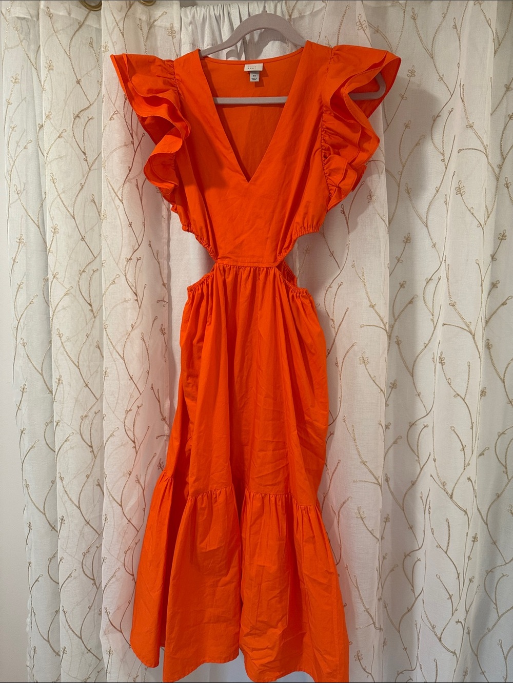 Bright Orange Ruffle Sleeve V-Neck Maxi Dress